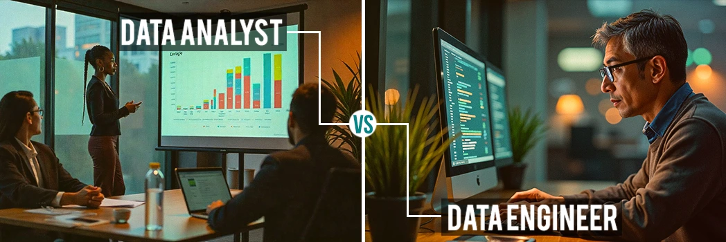 Data Analyst vs Data Engineer comparison with data presentation and coding split-screen.